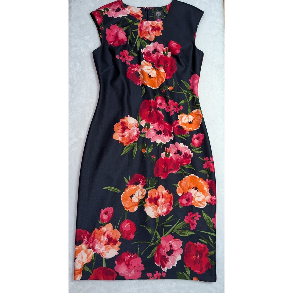 Vince Camuto Floral‎ Sheath Dress Navy Pink Orange Sleeveless Size 10